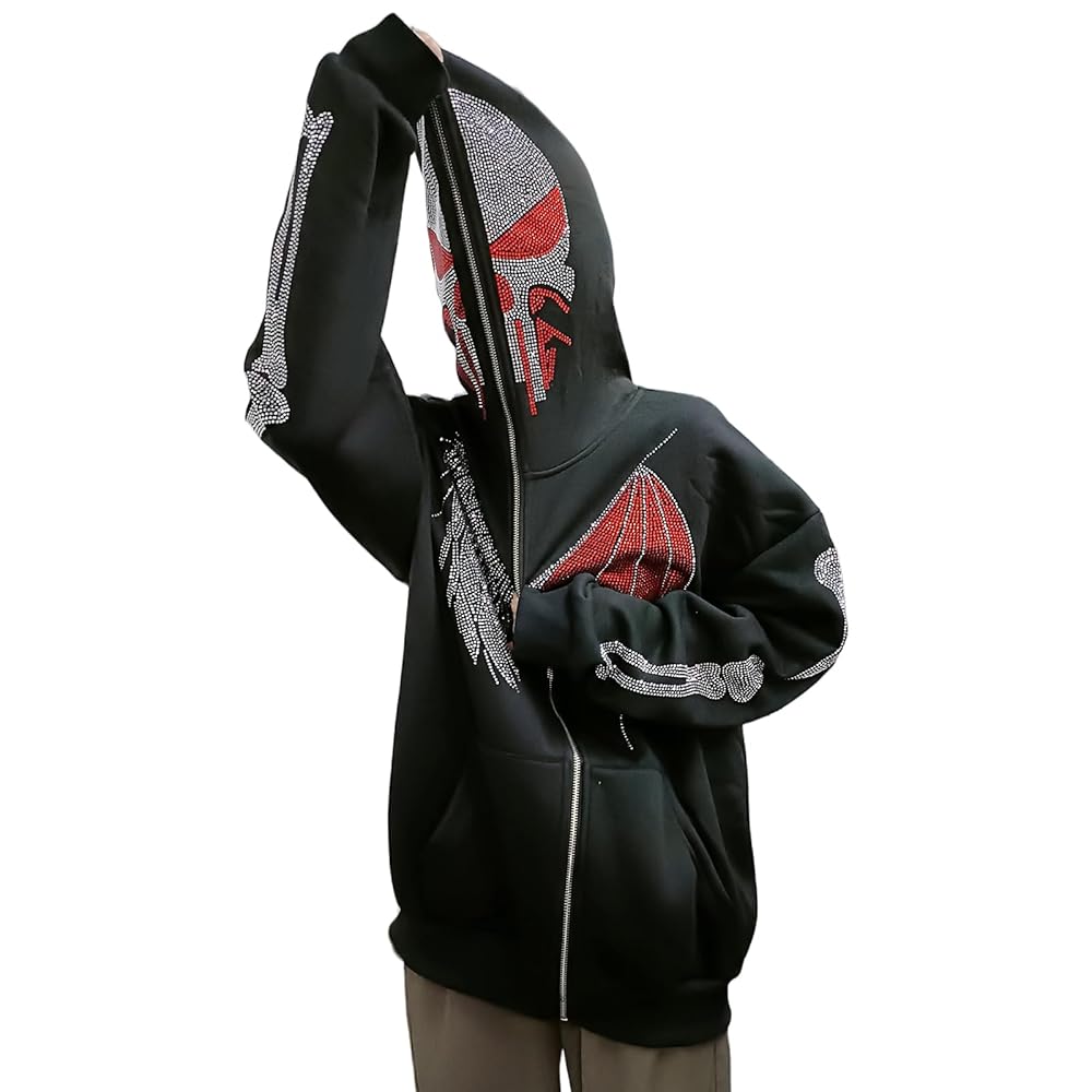 Women Rhinestone Y2K Spider Skeleton Hoodies Halloween Punk